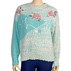 Vtg 80's Needles  Yarn Sz L Grandma Knit Sweater Pearl & Rose Appliques Aqua